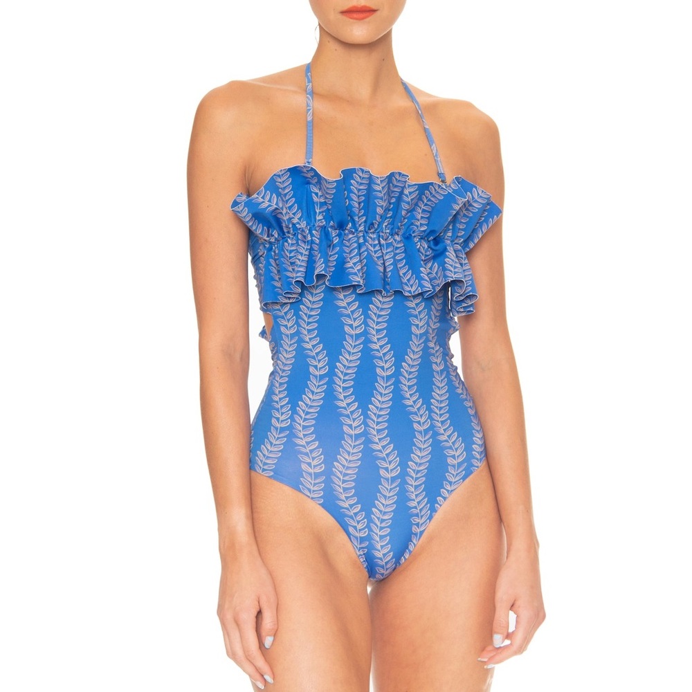 Blue Ruffle Halter One-Piece Swimsuit